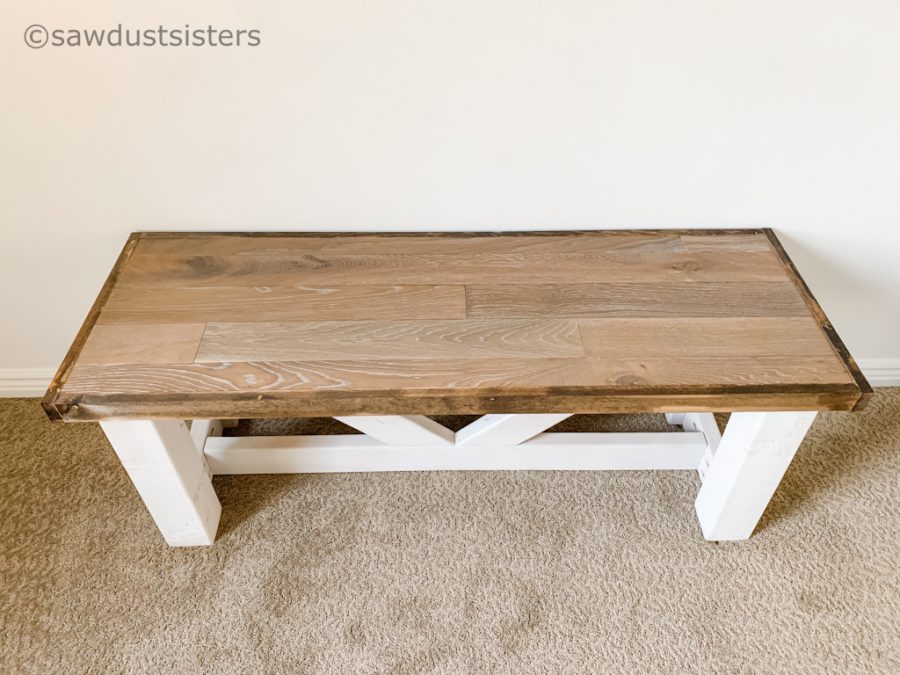 sawdust sisters make bench from leftover flooring material