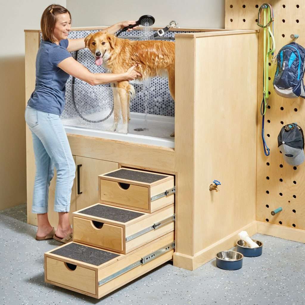 hot 2023 interior design indoor dog bath with woman washing dog