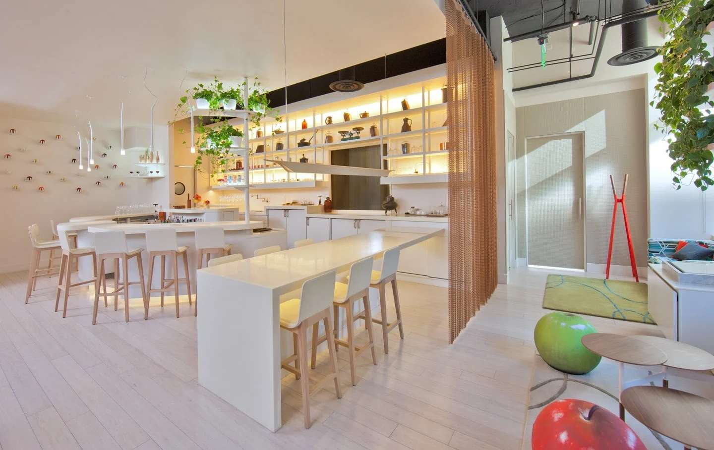 Open concept kitchen and dining room with white wood flooring