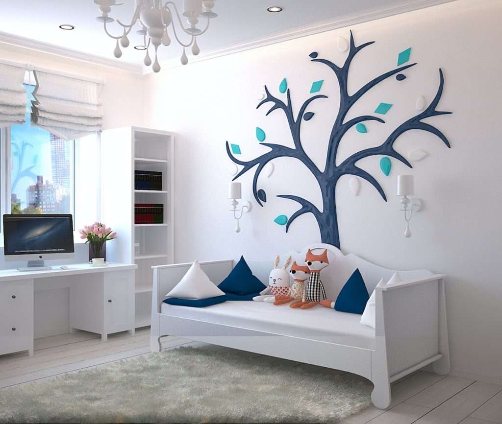 Cottage design trends include adding original artwork, like this homemade tree, to create more colorful spaces.