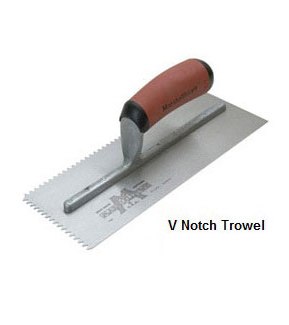 A trowel with the label “V notch trowel” next to it