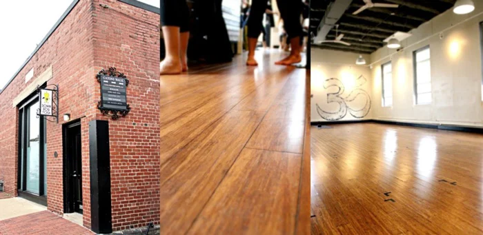 Three images showcasing the brick exterior of a yoga studio, a close up of the studio’s bamboo flooring, and a wider shot of the interior.