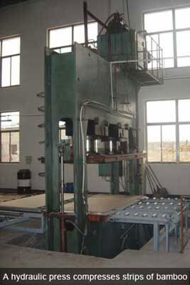 hydraulic press compresses strips of bamboo